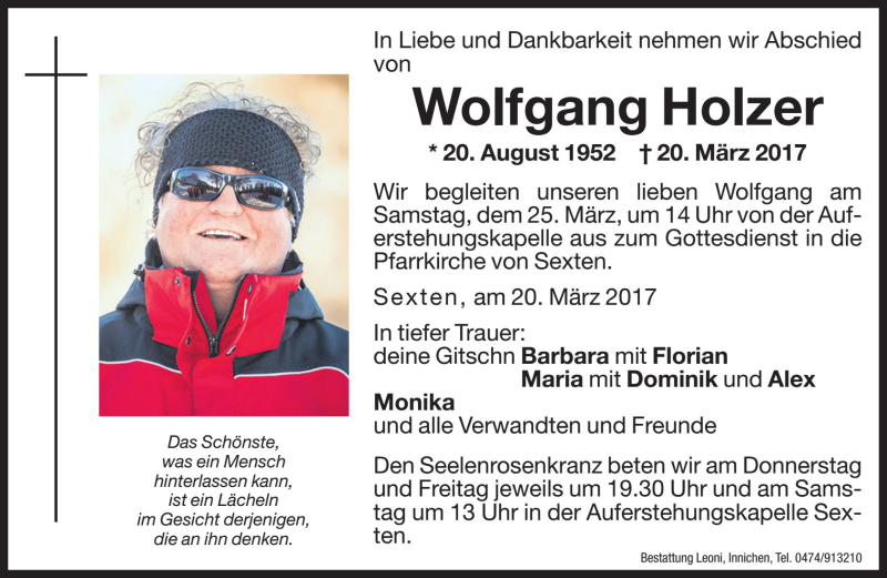  Traueranzeige für Wolfgang Holzer vom 23.03.2017 aus Dolomiten