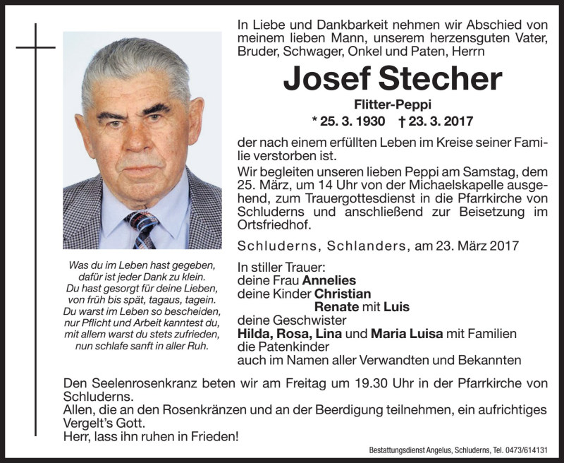  Traueranzeige für Josef Stecher vom 24.03.2017 aus Dolomiten