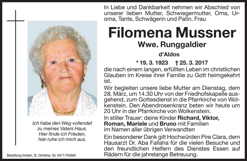  Traueranzeige für Filomena Runggaldier vom 27.03.2017 aus Dolomiten