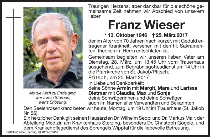  Traueranzeige für Franz Wieser vom 27.03.2017 aus Dolomiten