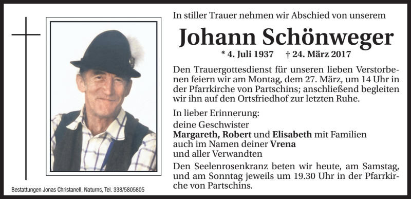  Traueranzeige für Johann Schönweger vom 25.03.2017 aus Dolomiten