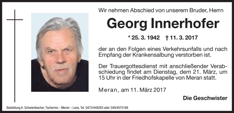  Traueranzeige für Georg Innerhofer vom 20.03.2017 aus Dolomiten