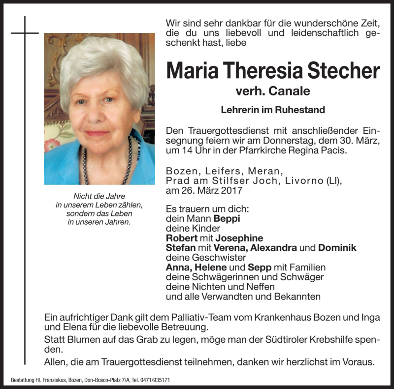  Traueranzeige für Maria Theresia Canale vom 28.03.2017 aus Dolomiten