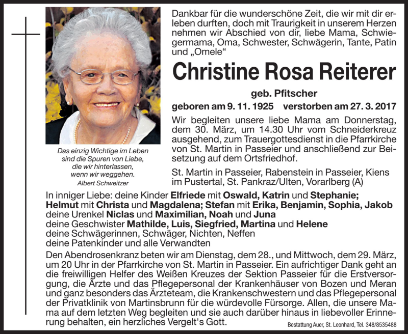  Traueranzeige für Christine Rosa Reiterer vom 28.03.2017 aus Dolomiten