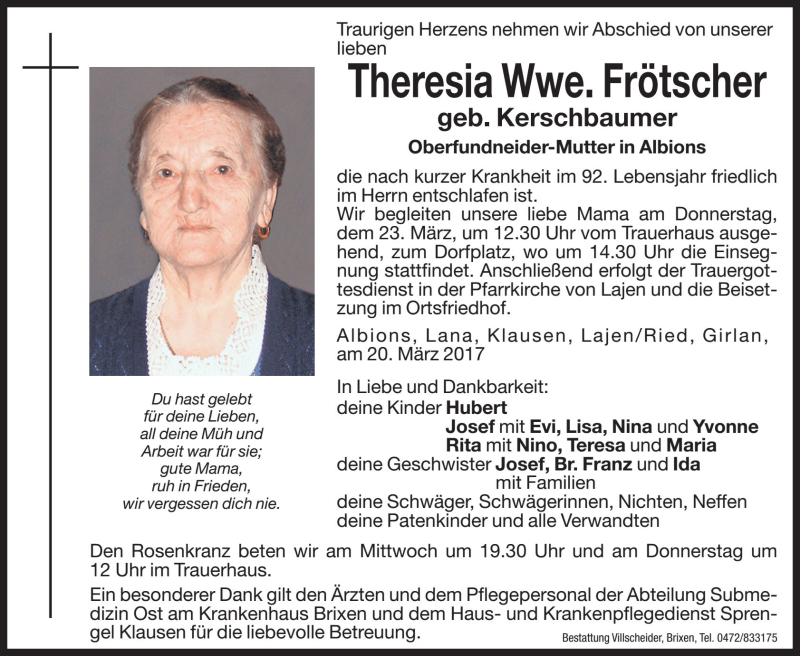  Traueranzeige für Theresia Frötscher vom 22.03.2017 aus Dolomiten