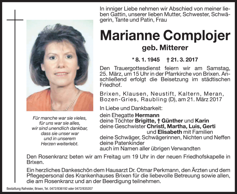  Traueranzeige für Marianne Complojer vom 23.03.2017 aus Dolomiten