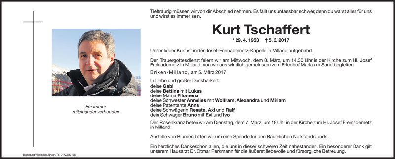  Traueranzeige für Kurt Tschaffert vom 07.03.2017 aus Dolomiten