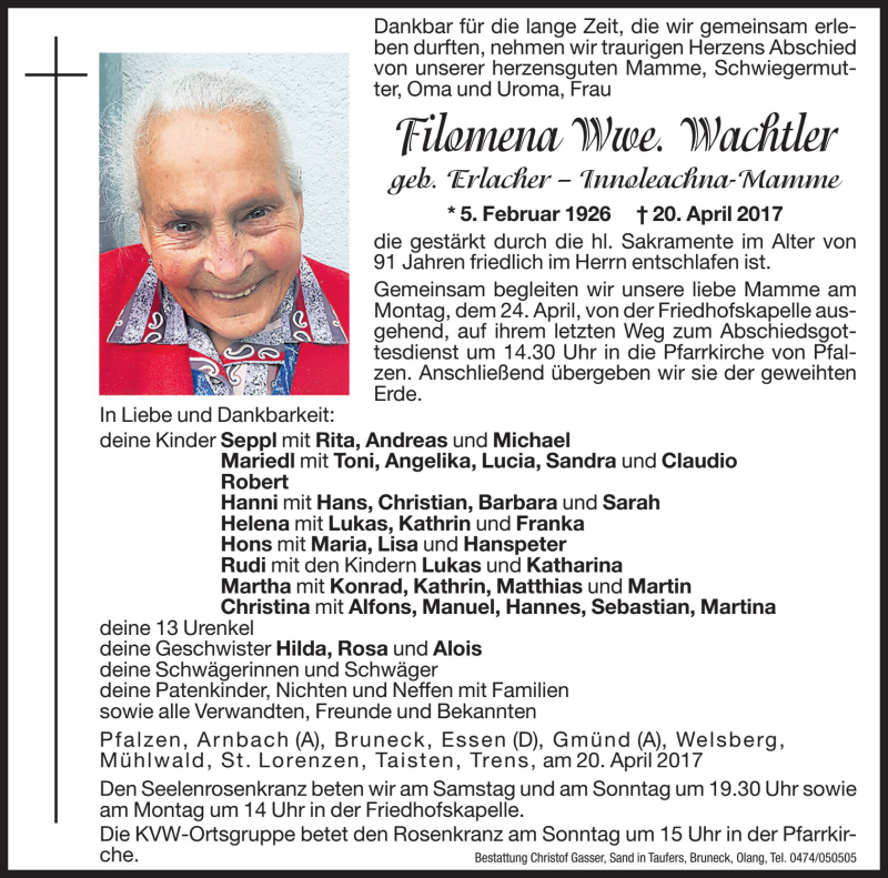  Traueranzeige für Filomena Wachtler vom 22.04.2017 aus Dolomiten