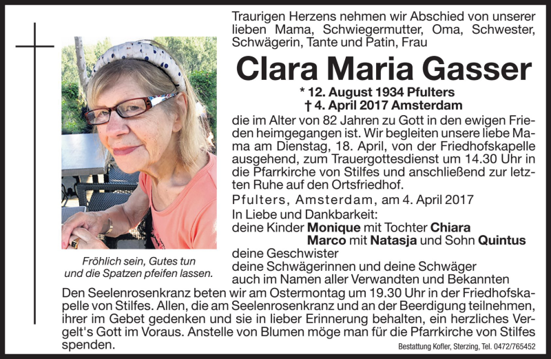  Traueranzeige für Clara Maria Gasser vom 15.04.2017 aus Dolomiten