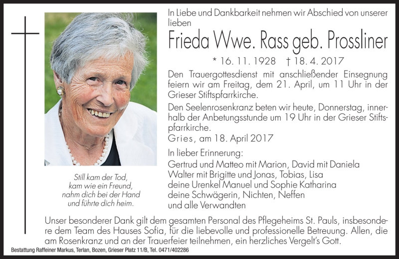  Traueranzeige für Frieda Rass vom 20.04.2017 aus Dolomiten
