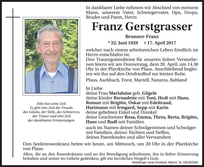  Traueranzeige für Franz Gerstgrasser vom 19.04.2017 aus Dolomiten