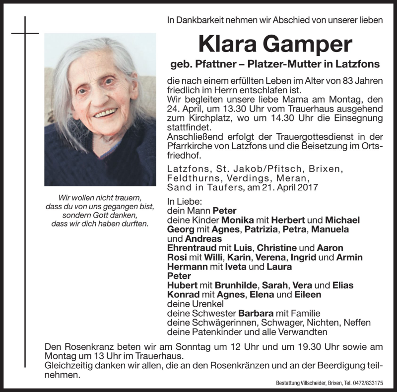  Traueranzeige für Klara Gamper vom 22.04.2017 aus Dolomiten