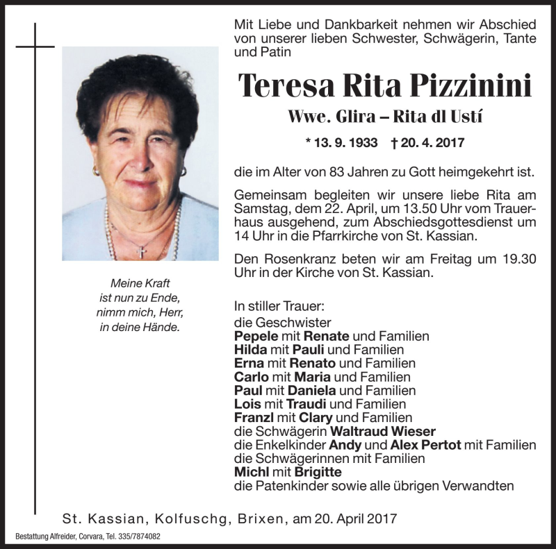  Traueranzeige für Teresa Rita Glira  vom 22.04.2017 aus Dolomiten