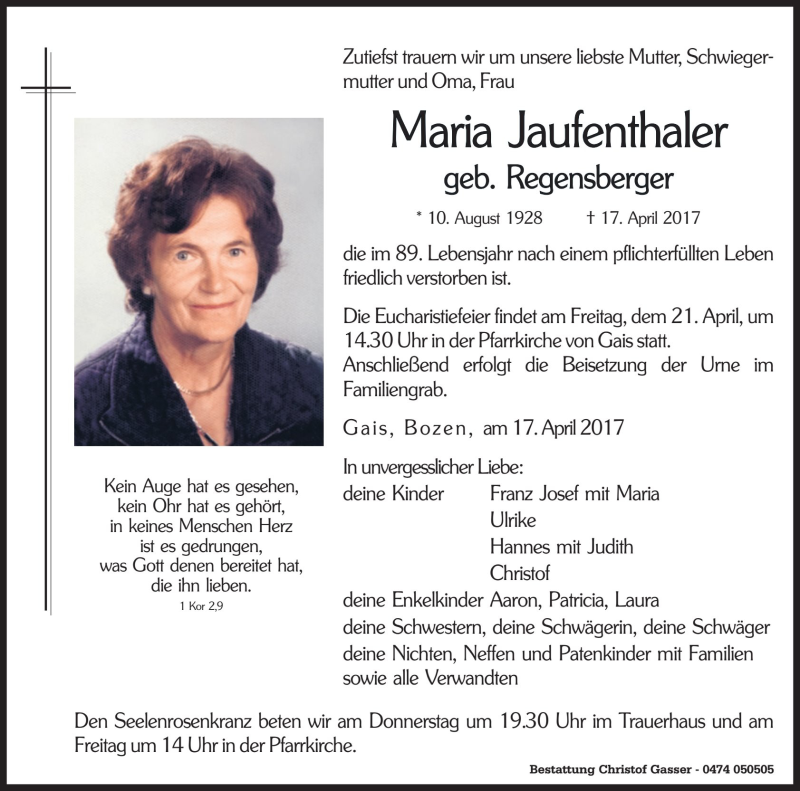  Traueranzeige für Maria Jaufenthaler vom 19.04.2017 aus Dolomiten