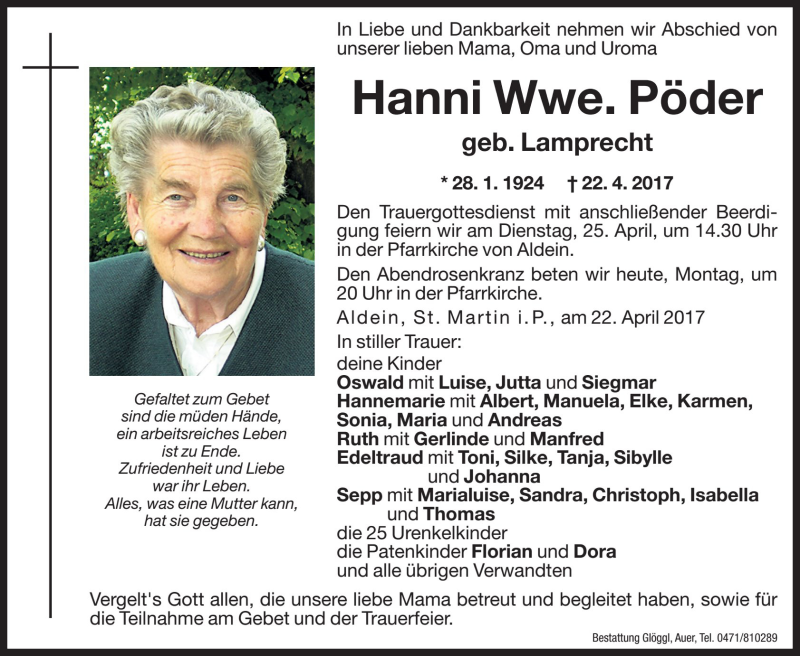  Traueranzeige für Hanni Pöder  vom 24.04.2017 aus Dolomiten