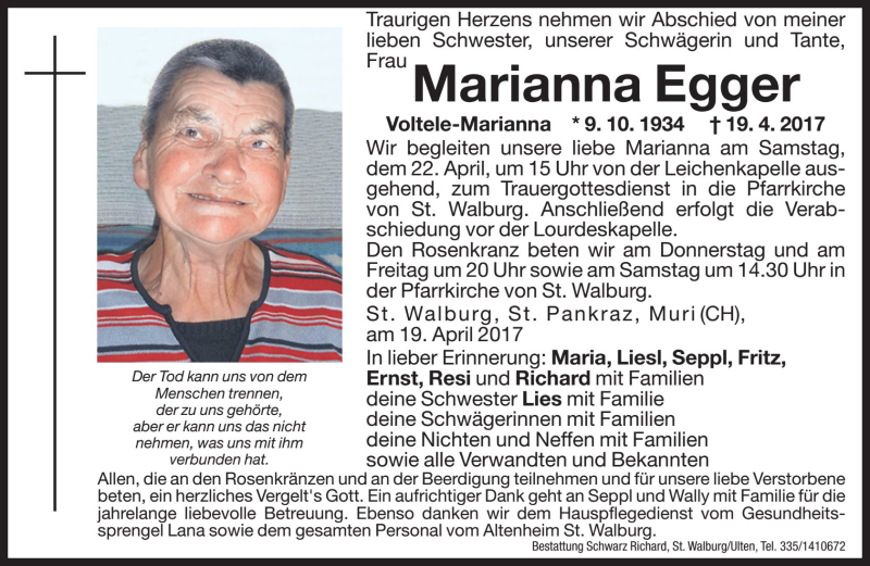  Traueranzeige für Marianna Egger vom 20.04.2017 aus Dolomiten