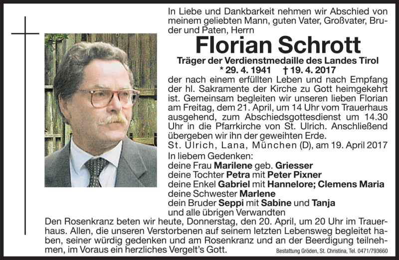  Traueranzeige für Florian Schrott vom 20.04.2017 aus Dolomiten