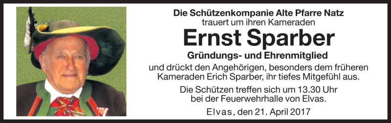  Traueranzeige für Ernst Sparber vom 22.04.2017 aus Dolomiten