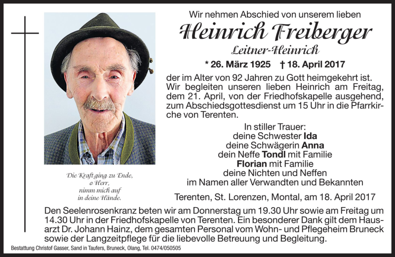  Traueranzeige für Heinrich Freiberger vom 20.04.2017 aus Dolomiten