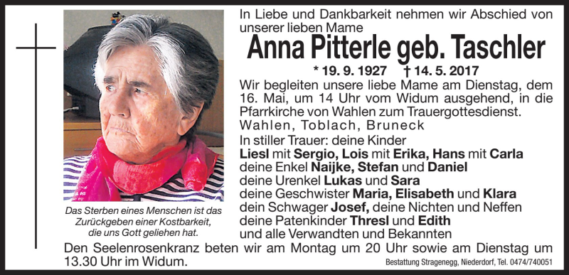  Traueranzeige für Anna Pitterle vom 15.05.2017 aus Dolomiten