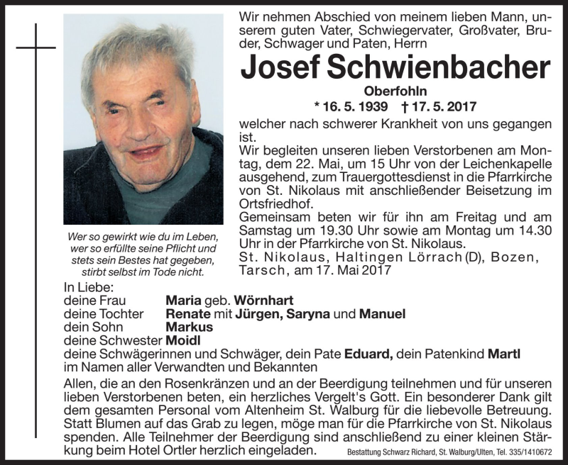  Traueranzeige für Josef Schwienbacher  vom 18.05.2017 aus Dolomiten