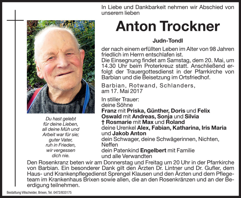  Traueranzeige für Anton Trockner vom 19.05.2017 aus Dolomiten