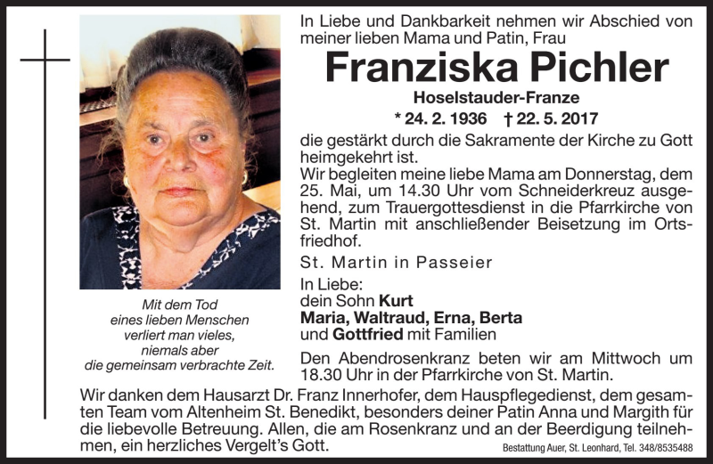  Traueranzeige für Franziska Pichler vom 24.05.2017 aus Dolomiten
