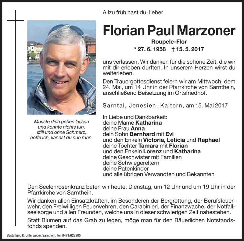  Traueranzeige für Florian Paul Marzoner vom 23.05.2017 aus Dolomiten