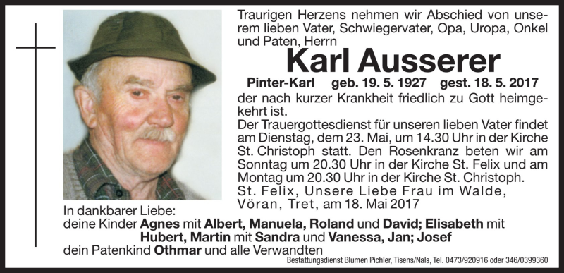  Traueranzeige für Karl Ausserer vom 20.05.2017 aus Dolomiten