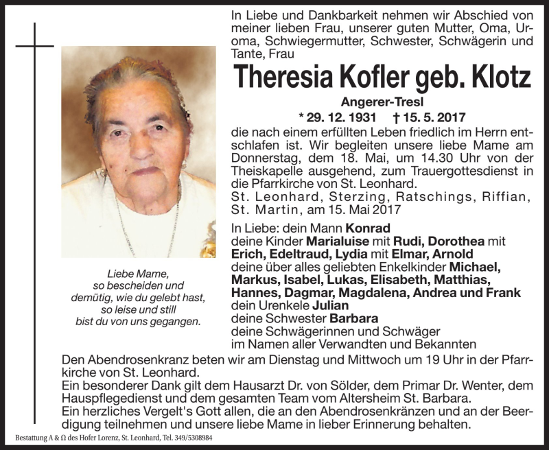  Traueranzeige für Theresia Kofler vom 16.05.2017 aus Dolomiten