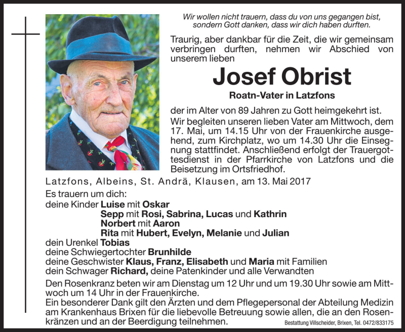  Traueranzeige für Josef Obrist vom 16.05.2017 aus Dolomiten