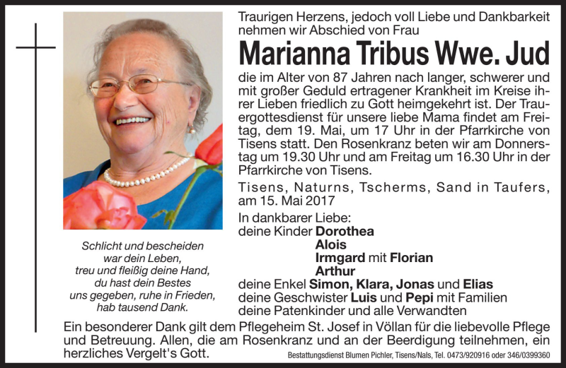  Traueranzeige für Marianna Jud vom 17.05.2017 aus Dolomiten