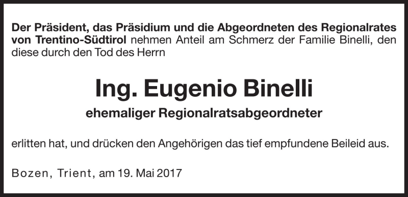  Traueranzeige für Eugenio Binelli vom 20.05.2017 aus Dolomiten