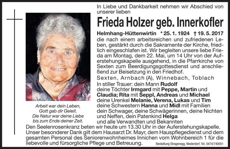  Traueranzeige für Frieda Holzer vom 22.05.2017 aus Dolomiten