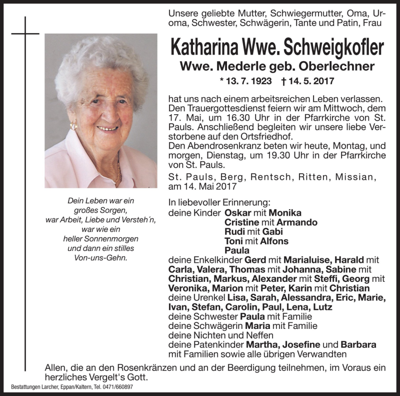  Traueranzeige für Katharina Schweigkofler vom 15.05.2017 aus Dolomiten