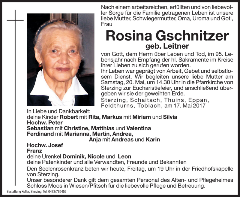 Traueranzeige für Rosina Gschnitzer vom 19.05.2017 aus Dolomiten