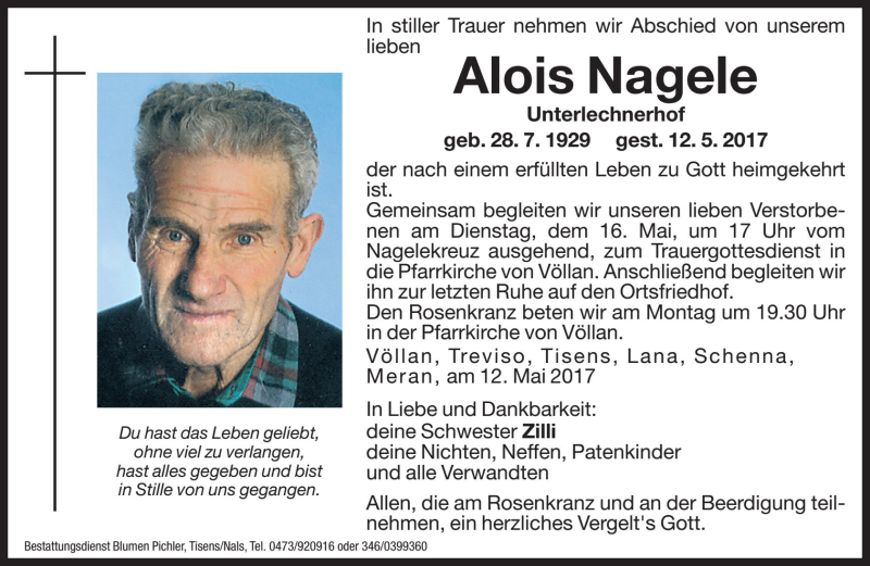 Traueranzeige für Alois Nagele vom 15.05.2017 aus Dolomiten