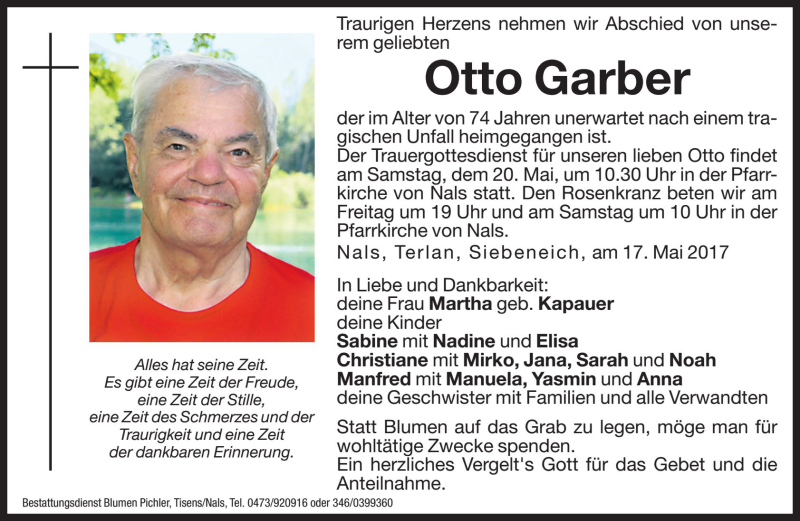  Traueranzeige für Otto Garber vom 19.05.2017 aus Dolomiten
