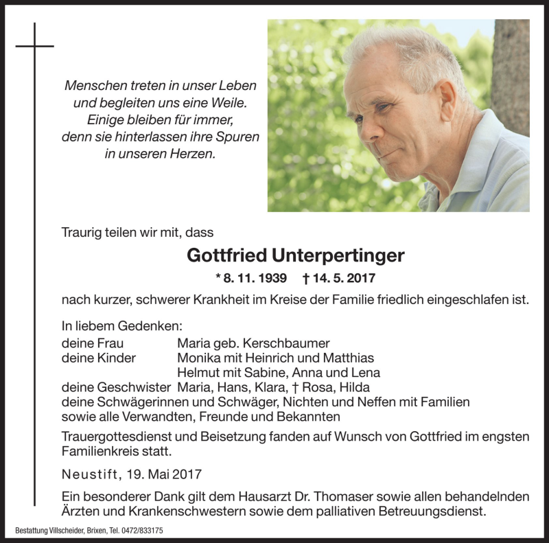  Traueranzeige für Gottfried Unterpertinger vom 19.05.2017 aus Dolomiten