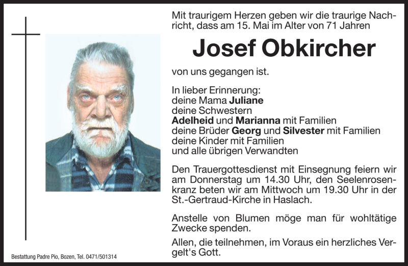 Traueranzeige für Josef Obkircher vom 17.05.2017 aus Dolomiten
