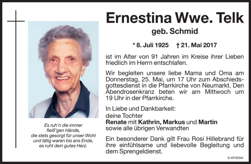  Traueranzeige für Ernestina Telk vom 23.05.2017 aus Dolomiten