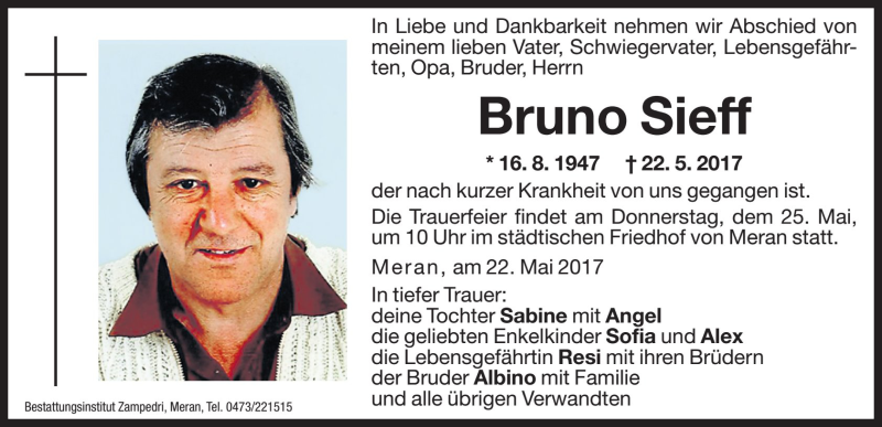  Traueranzeige für Bruno Sieff vom 23.05.2017 aus Dolomiten