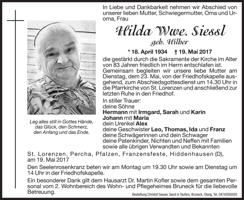  Traueranzeige für Hilda Siessl vom 22.05.2017 aus Dolomiten