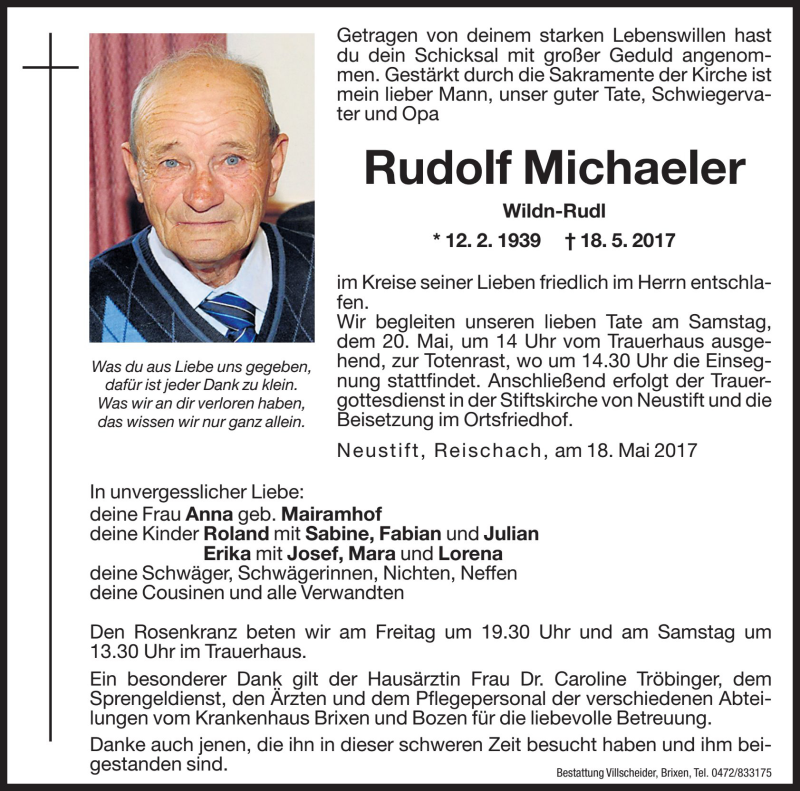  Traueranzeige für Rudolf Michaeler vom 19.05.2017 aus Dolomiten