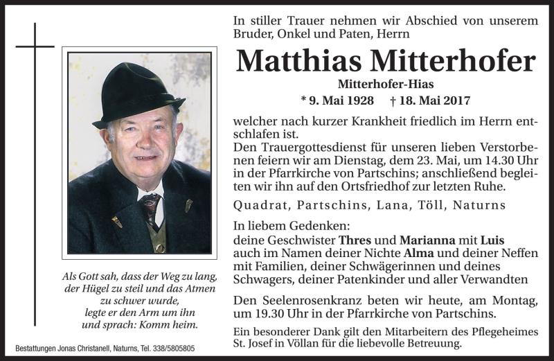  Traueranzeige für Matthias Mitterhofer vom 22.05.2017 aus Dolomiten