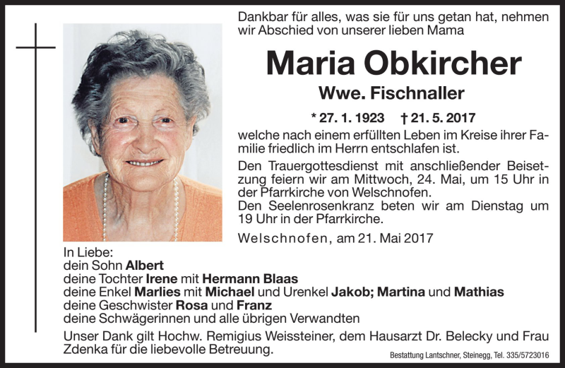  Traueranzeige für Maria Fischnaller vom 22.05.2017 aus Dolomiten