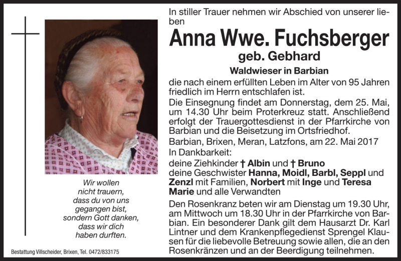  Traueranzeige für Anna Fuchsberger vom 24.05.2017 aus Dolomiten