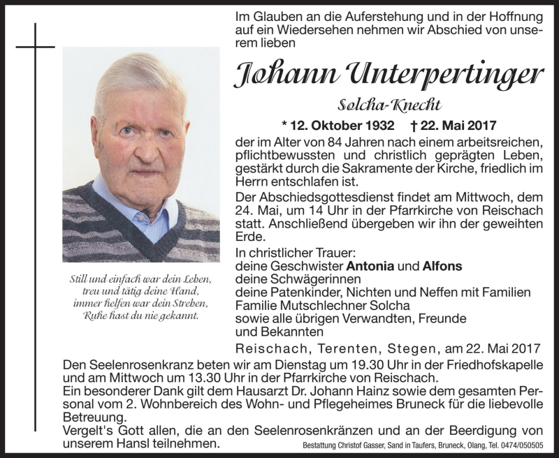  Traueranzeige für Johann Unterpertinger vom 23.05.2017 aus Dolomiten