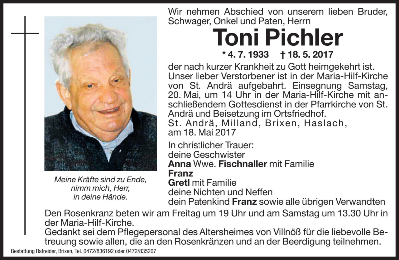  Traueranzeige für Toni Pichler vom 19.05.2017 aus Dolomiten