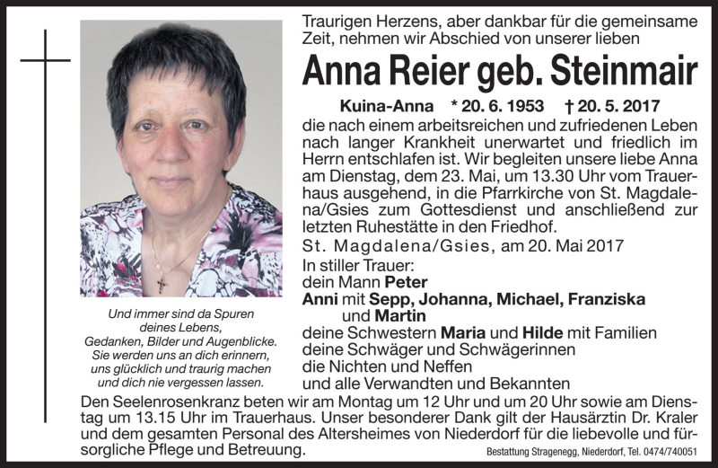  Traueranzeige für Anna Reier vom 22.05.2017 aus Dolomiten